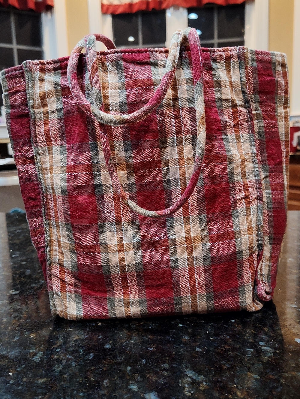 Longaberger Plaid Tote with Embroidered Apple Basket - Red, Brown & Cream - Picture 2 of 10